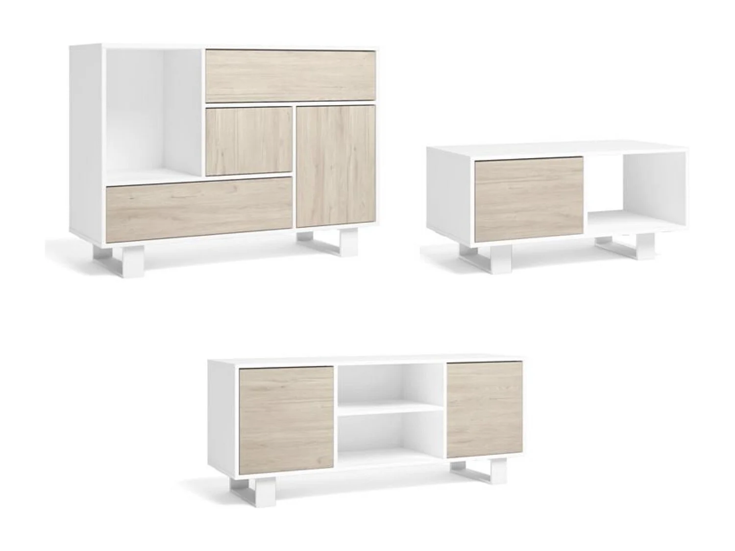 Ensemble de Meubles WIND, Salle à manger, Buffet-M.TV140-Table Basse Blanc/Chêne, Pied Blanc