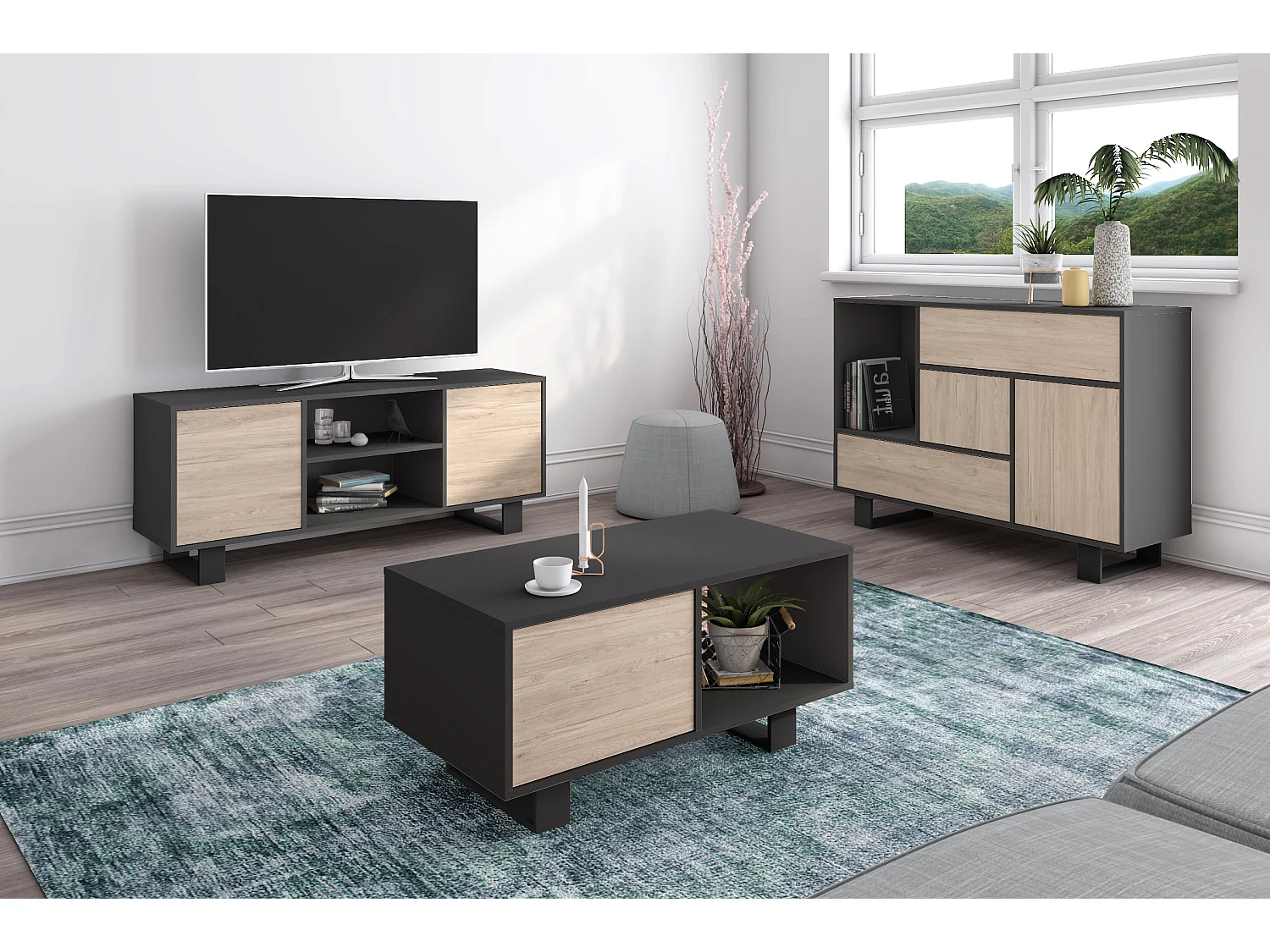 Set Wind, Ensemble de meubles de salon, Buffet-Meuble TV140-Table Basse, Gris/Chêne, Pieds noir