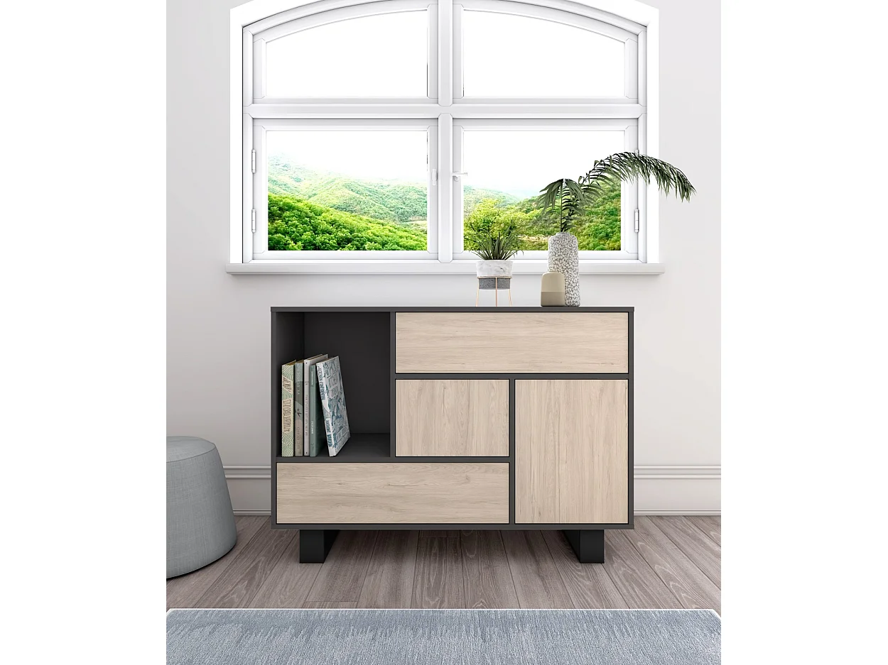 Set Wind, Ensemble de meubles de salon, Buffet-Meuble TV140-Table Basse, Gris/Chêne, Pieds noir