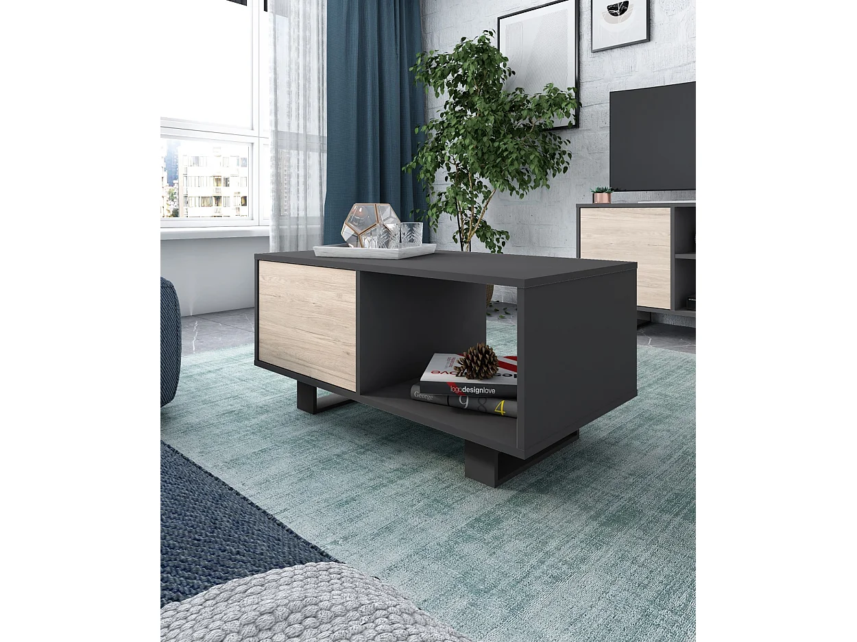 Set Wind, Ensemble de meubles de salon, Buffet-Meuble TV140-Table Basse, Gris/Chêne, Pieds noir