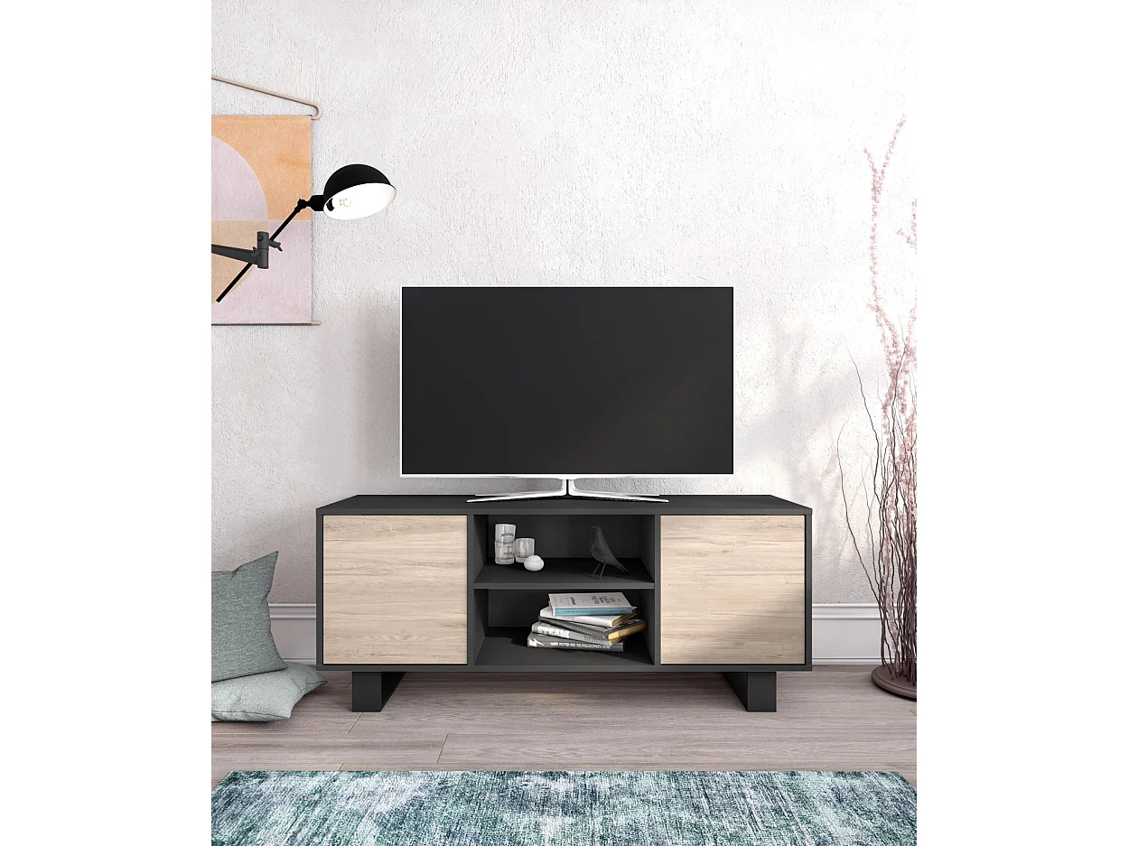 Set Wind, Ensemble de meubles de salon, Buffet-Meuble TV140-Table Basse, Gris/Chêne, Pieds noir