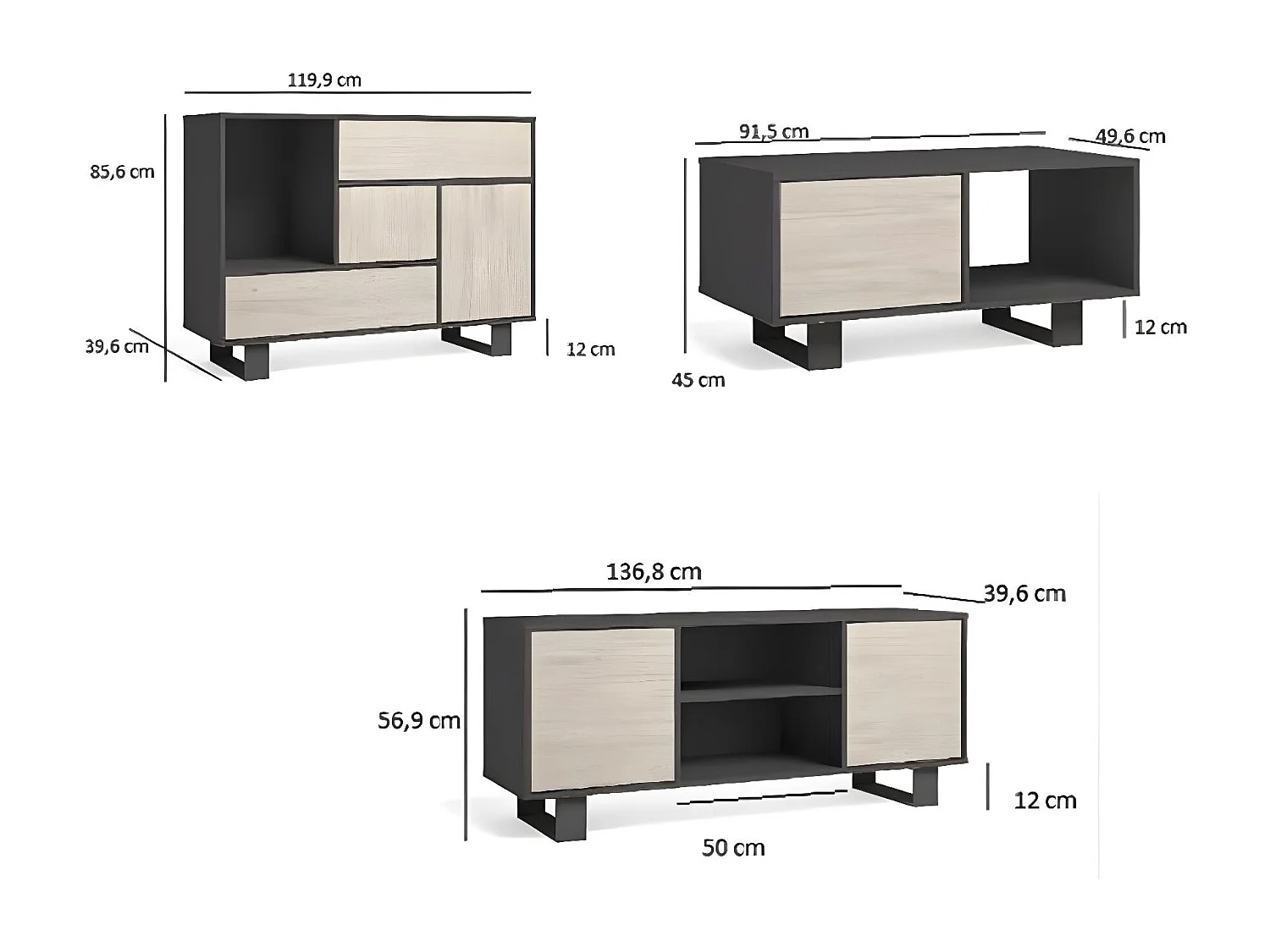 Set Wind, Ensemble de meubles de salon, Buffet-Meuble TV140-Table Basse, Gris/Chêne, Pieds noir
