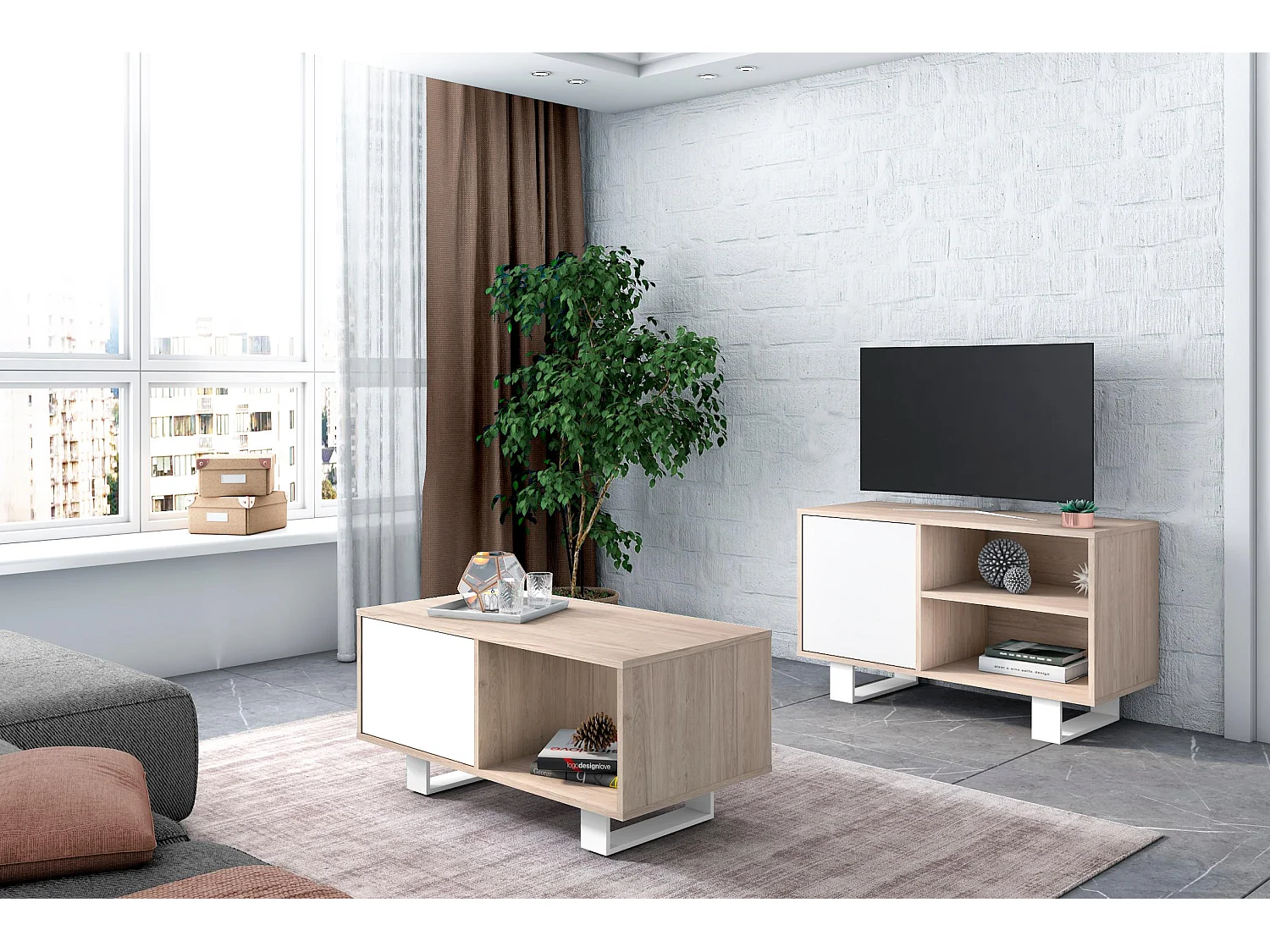 Modulaire woonkamer set, Windmodel, 92x50x45 cm / 95x40x57cm, 1 middentafel en 1 tv -meubels, Eik en wit, Noordse stijl
