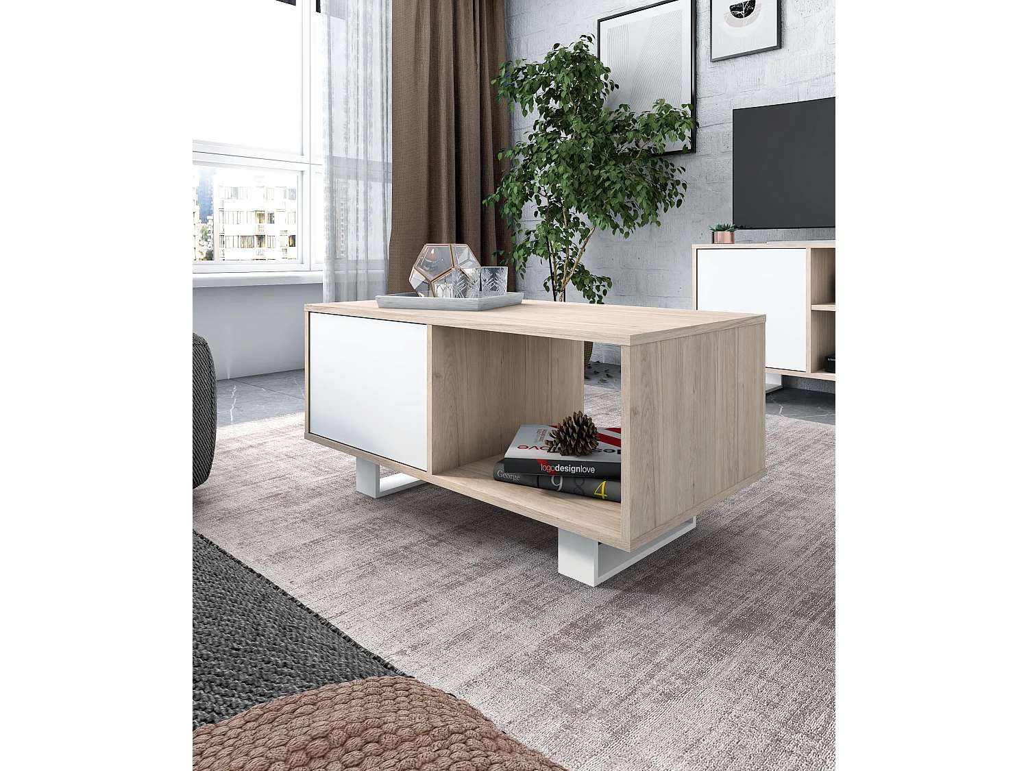 Modulaire woonkamer set, Windmodel, 92x50x45 cm / 95x40x57cm, 1 middentafel en 1 tv -meubels, Eik en wit, Noordse stijl