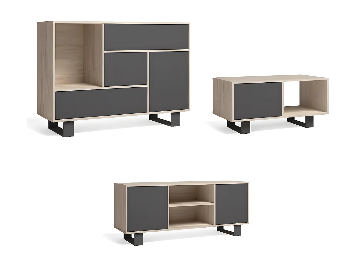Ensemble de meubles WIND Buffet - Meuble TV140 -Table Basse, Chêne/Gris, Pieds noir