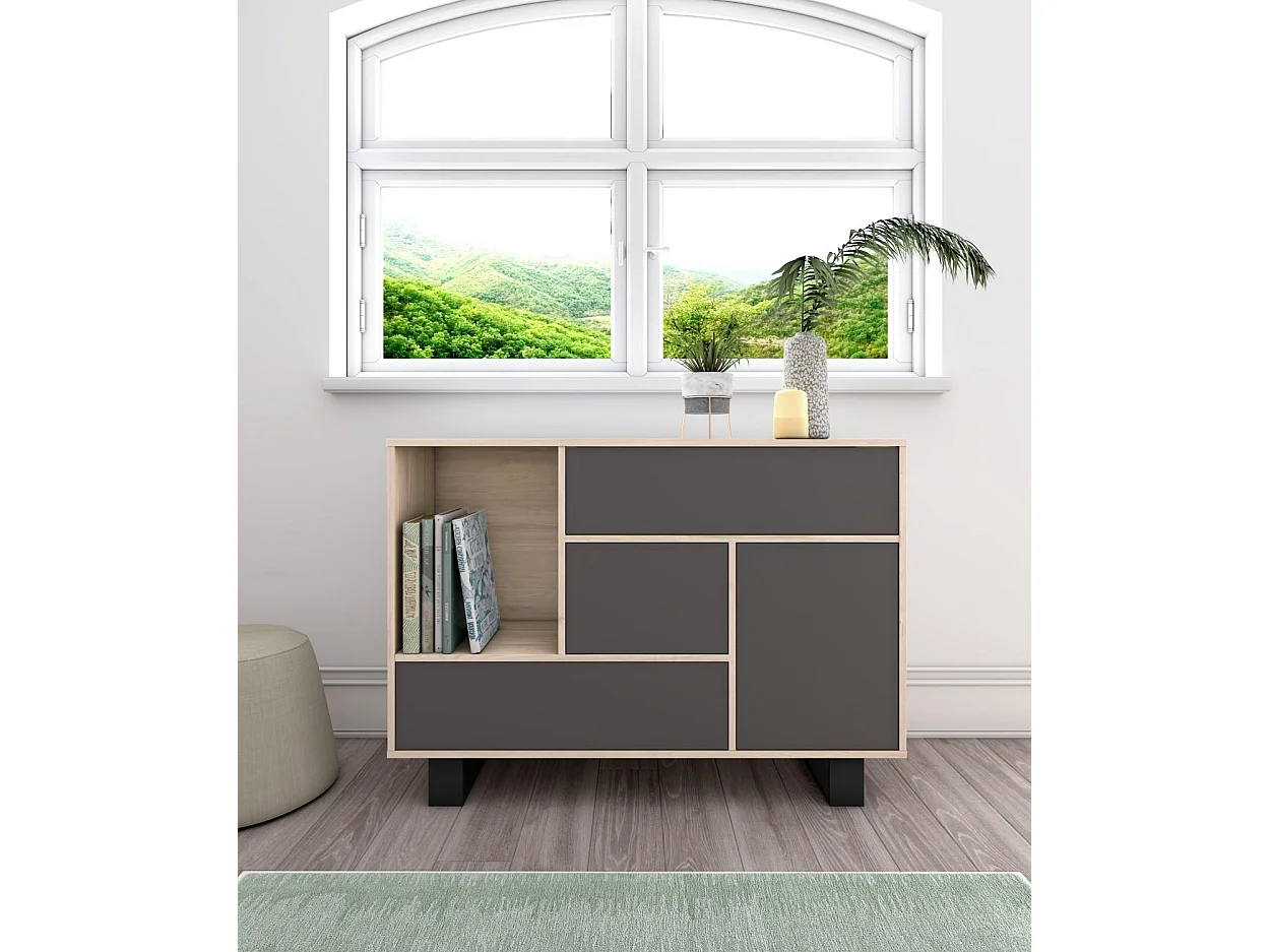 Ensemble de meubles WIND Buffet - Meuble TV140 -Table Basse, Chêne/Gris, Pieds noir