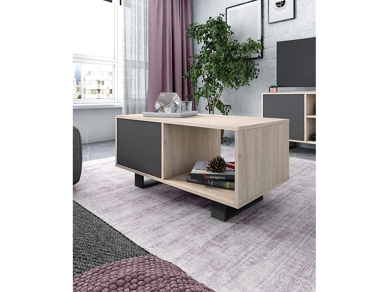 Ensemble de meubles WIND Buffet - Meuble TV140 -Table Basse, Chêne/Gris, Pieds noir