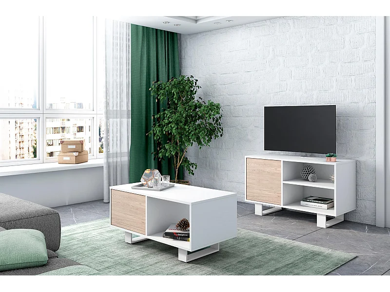 Modulaire woonkamer set, Windmodel, 92x50x45 cm / 95x40x57cm, 1 middentafel en 1 tv -meubels, Wit en eiken, Noordse stijl