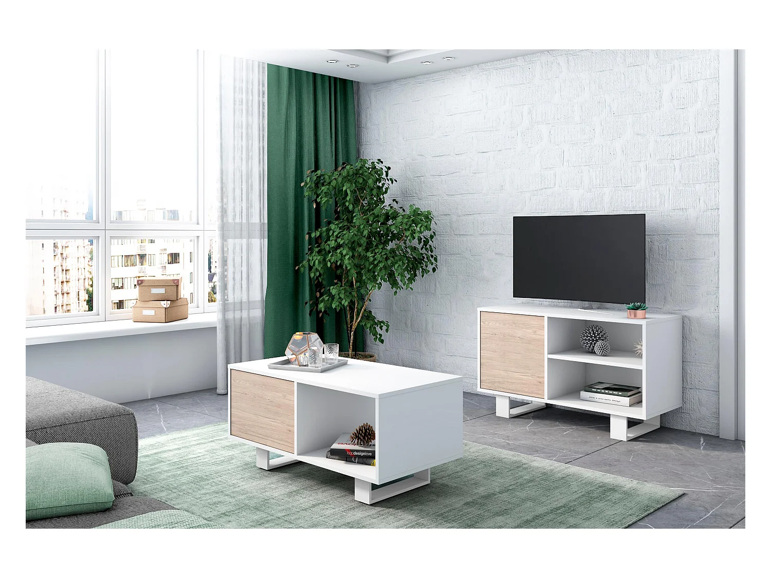 Ensemble de Meubles WIND, Salon, Buffet-Meuble TV100-Table Basse Blanc/Chêne, Pied blanc