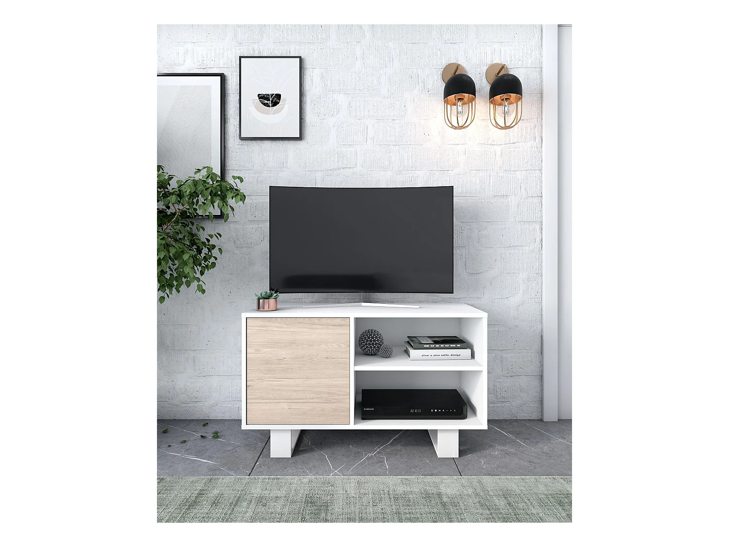 Ensemble de Meubles WIND, Salon, Buffet-Meuble TV100-Table Basse Blanc/Chêne, Pied blanc
