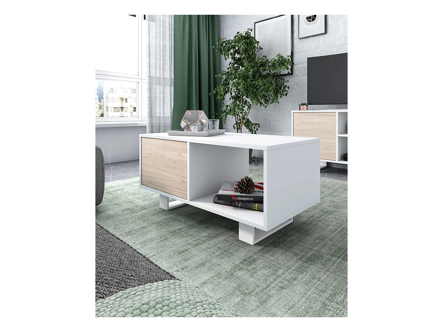 Ensemble de Meubles WIND, Salon, Buffet-Meuble TV100-Table Basse Blanc/Chêne, Pied blanc