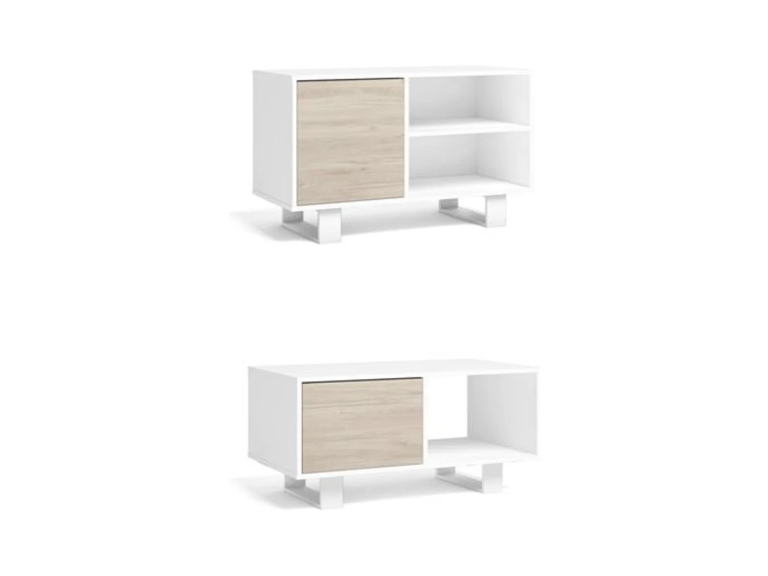 Modulaire woonkamer set, Windmodel, 92x50x45 cm / 95x40x57cm, 1 middentafel en 1 tv -meubels, Wit en eiken, Noordse stijl