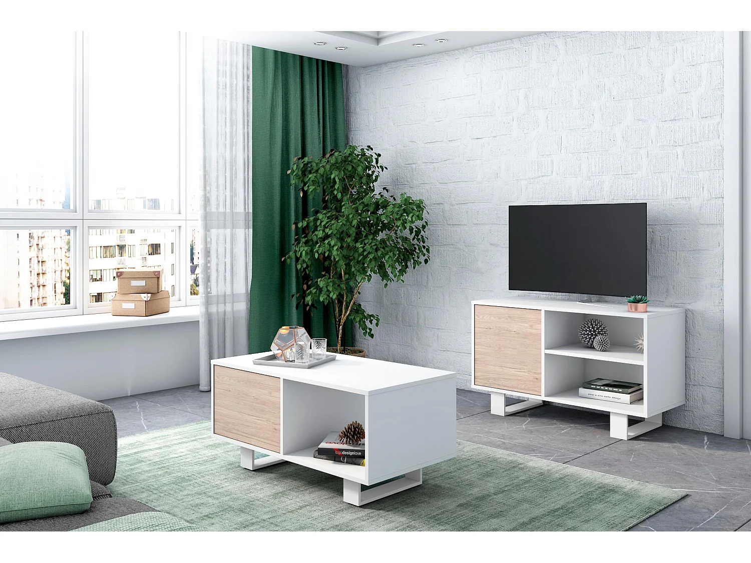Modulaire woonkamer set, Windmodel, 92x50x45 cm / 95x40x57cm, 1 middentafel en 1 tv -meubels, Wit en eiken, Noordse stijl