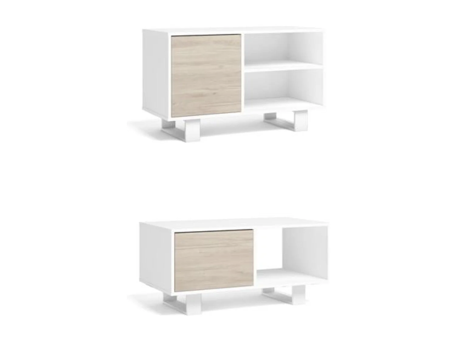 Modulaire woonkamer set, Windmodel, 92x50x45 cm / 95x40x57cm, 1 middentafel en 1 tv -meubels, Wit en eiken, Noordse stijl