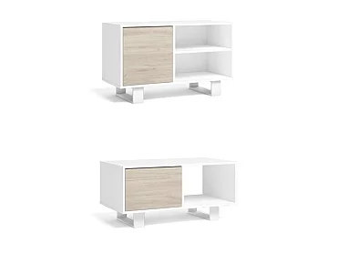 Ensemble de Meubles WIND, Salon, Buffet-Meuble TV100-Table Basse, Blanc et Chêne, Pied blanc