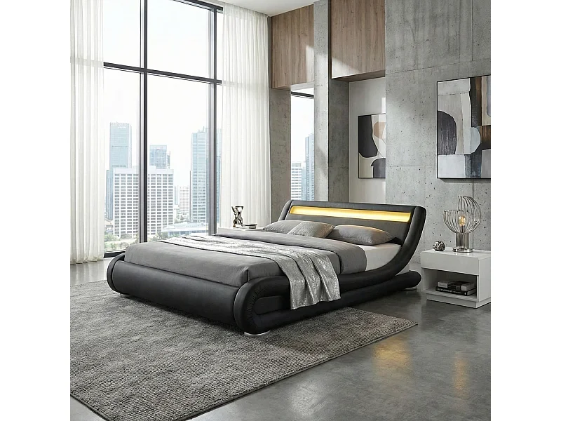 Structure de lit avec LED 140 x 190 cm en PU noir SEATTLE