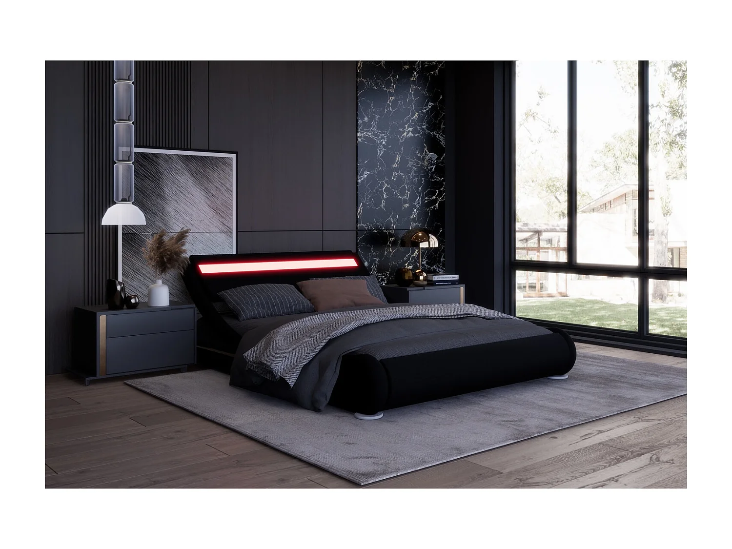 Structure de lit avec LED 140 x 190 cm en PU noir SEATTLE