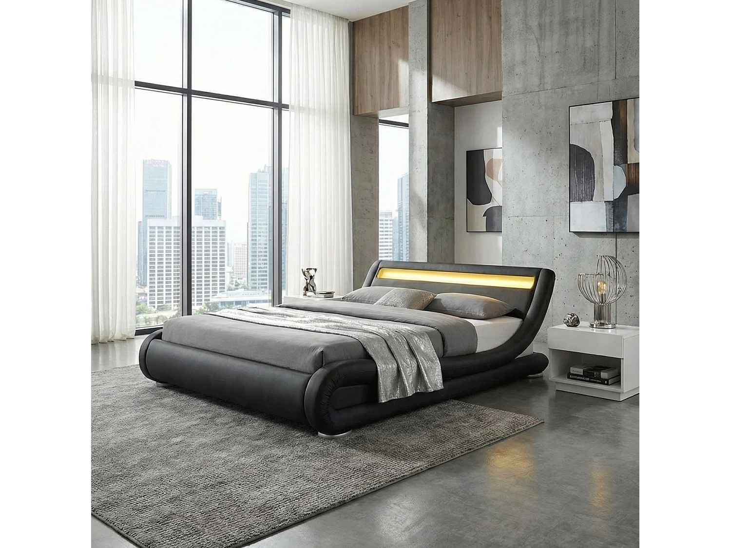Bettgestell mit LED 140 x 190 cm in schwarzem PU SEATTLE