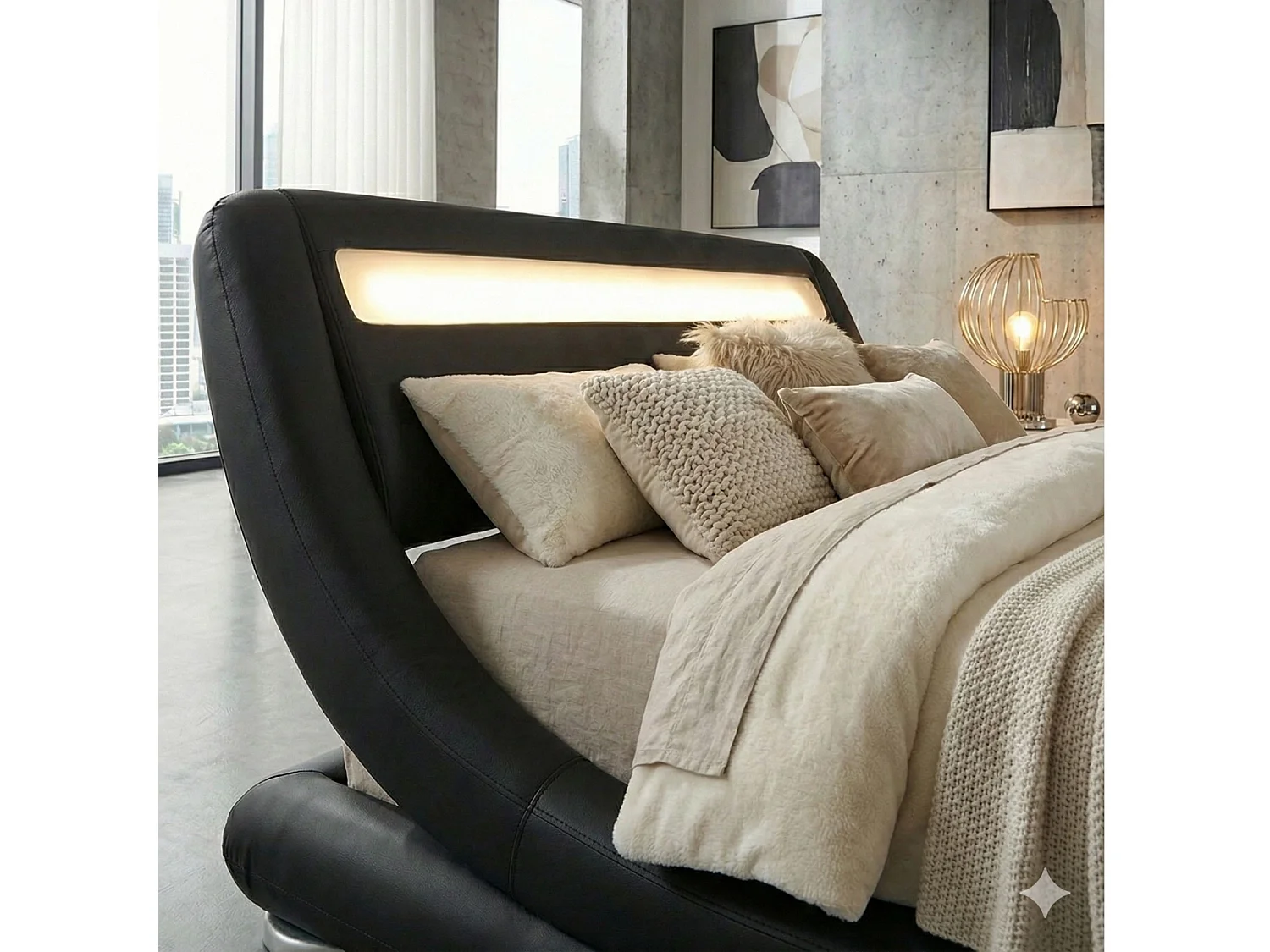 Bettgestell mit LED 140 x 190 cm in schwarzem PU SEATTLE