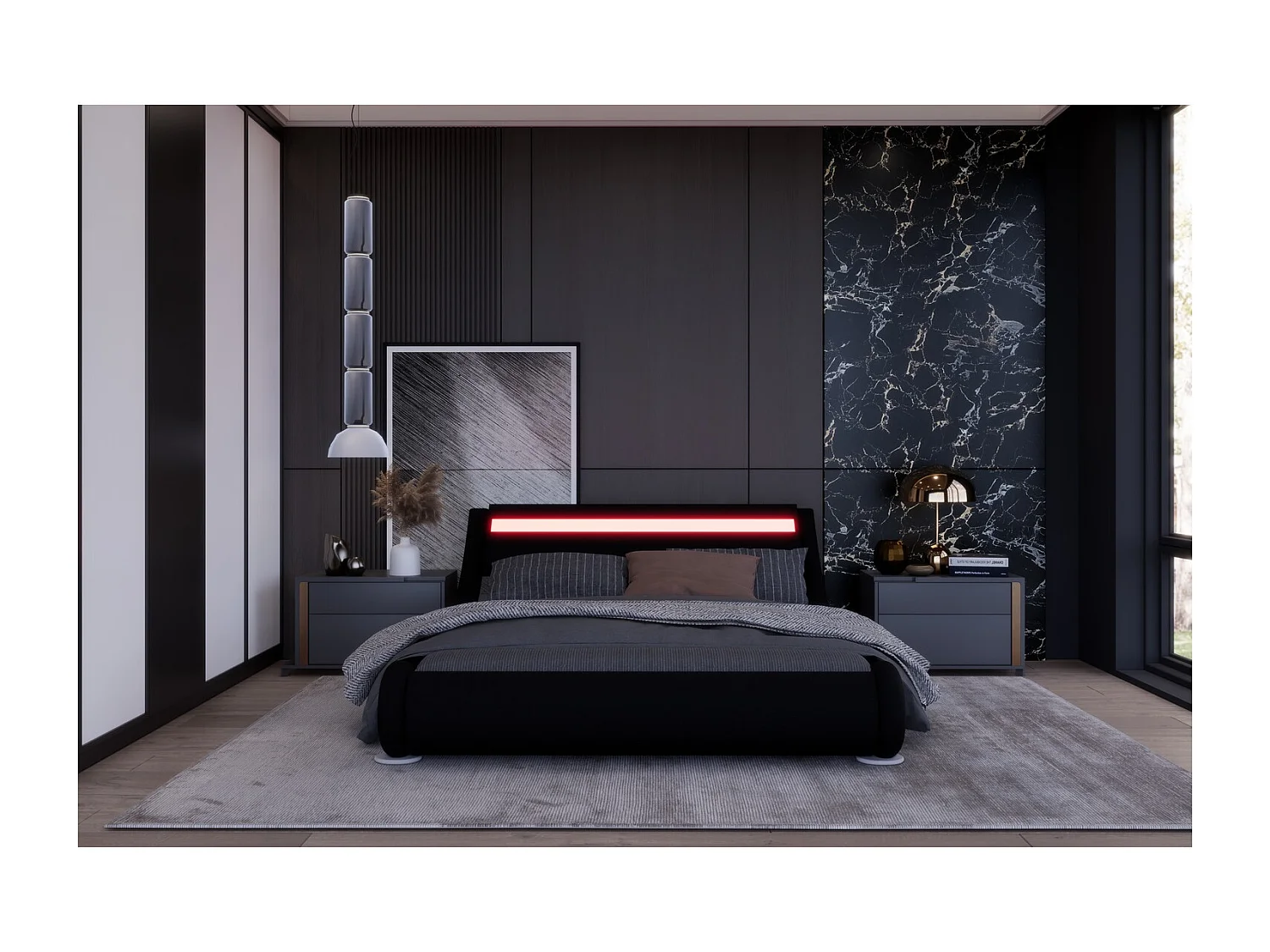 Bettgestell mit LED 140 x 190 cm in schwarzem PU SEATTLE