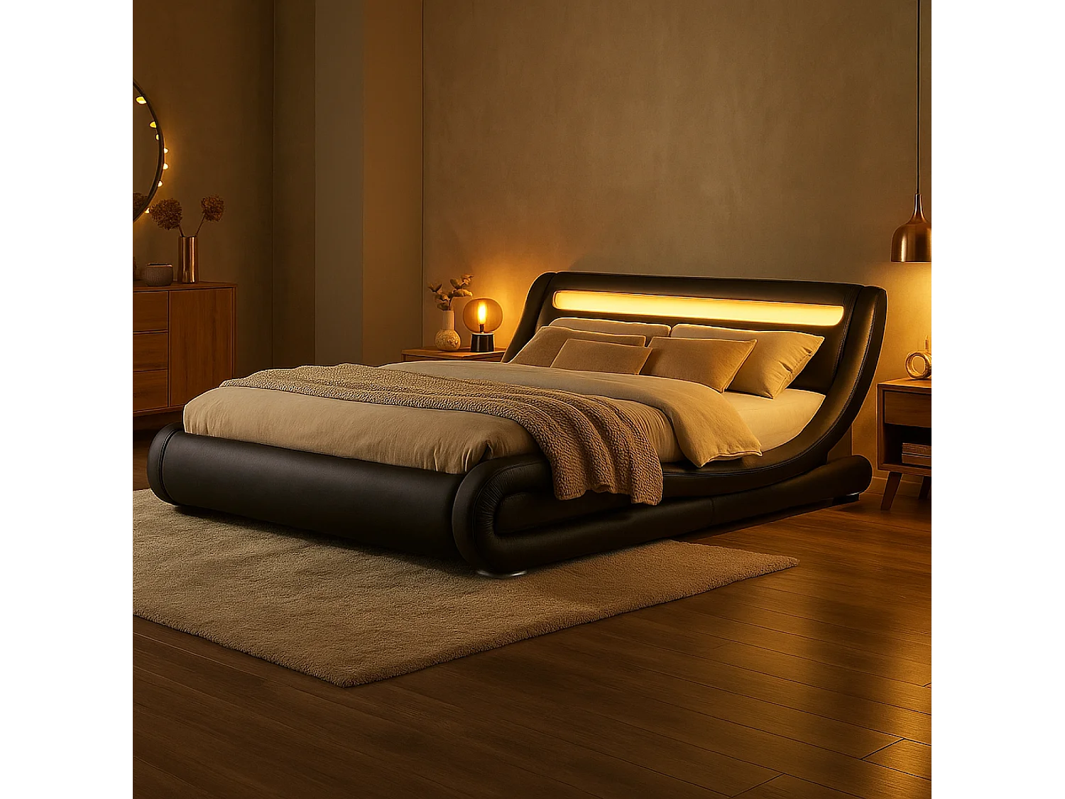 Lit avec LED 140 x 190 cm en PU noir SEATTLE