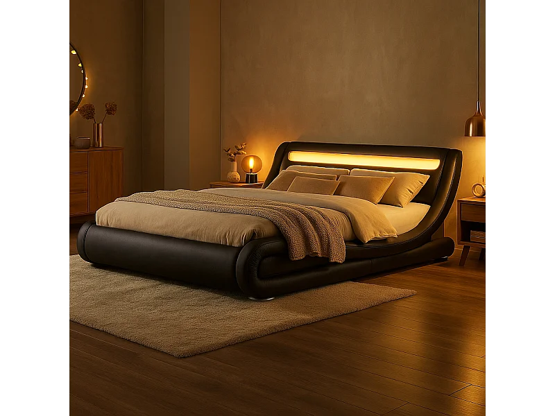 Bettgestell mit LED 140 x 190 cm in schwarzem PU SEATTLE