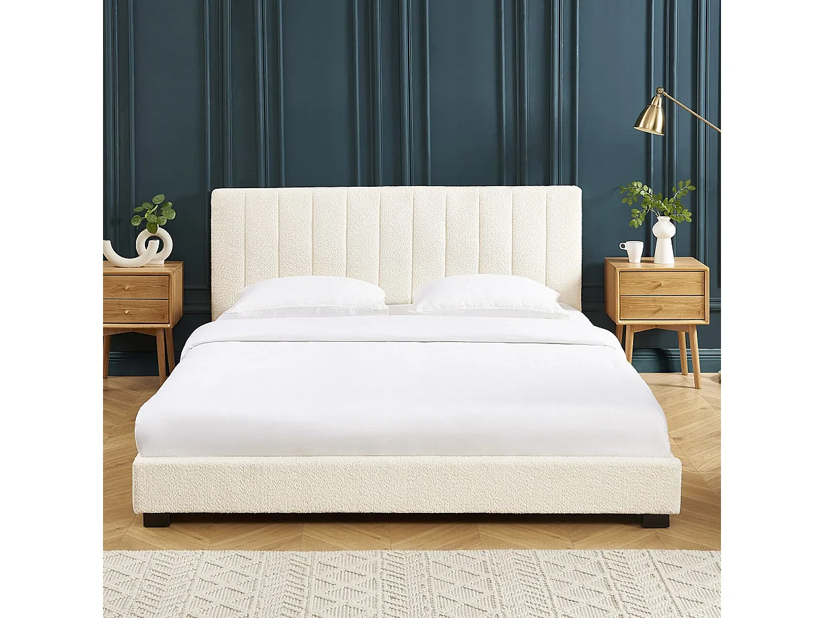 Lit adulte avec tête de lit capitonnée en tissu bouclé écru 180x200 - William