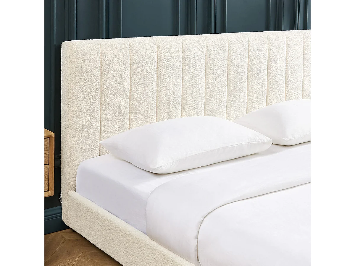 Lit adulte avec tête de lit capitonnée en tissu bouclé écru 180x200 - William