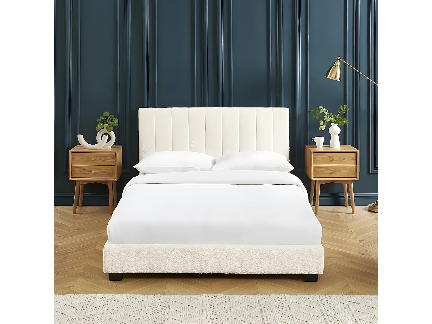 Lit adulte avec tête de lit capitonnée en tissu bouclé écru 140x190 - William