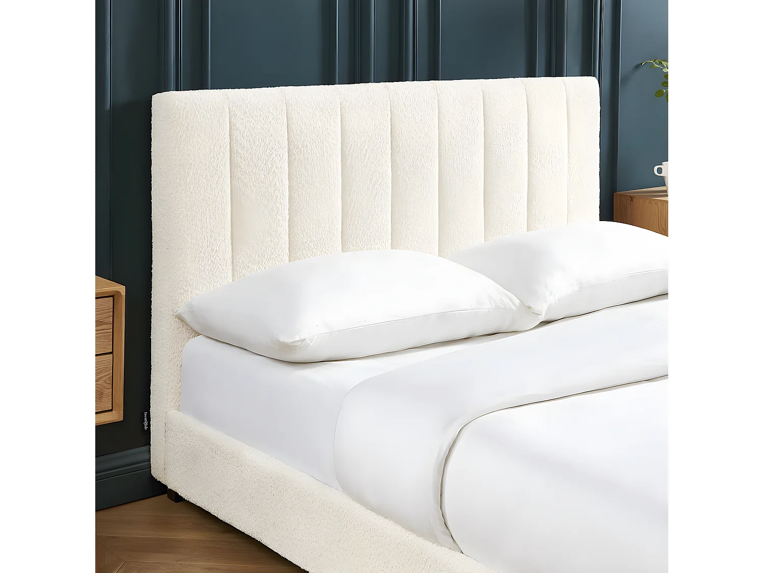 Lit adulte avec tête de lit capitonnée en tissu bouclé écru 140x190 - William