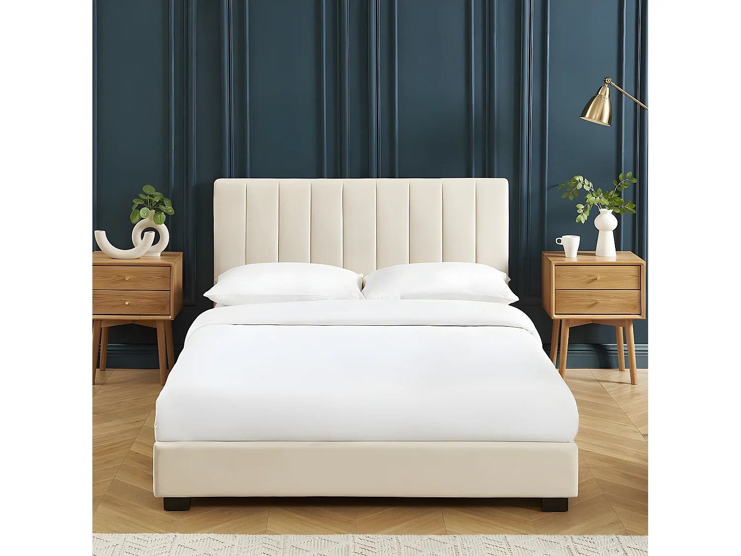 Lit adulte avec tête de lit capitonnée en velours beige sable 140x190 - William