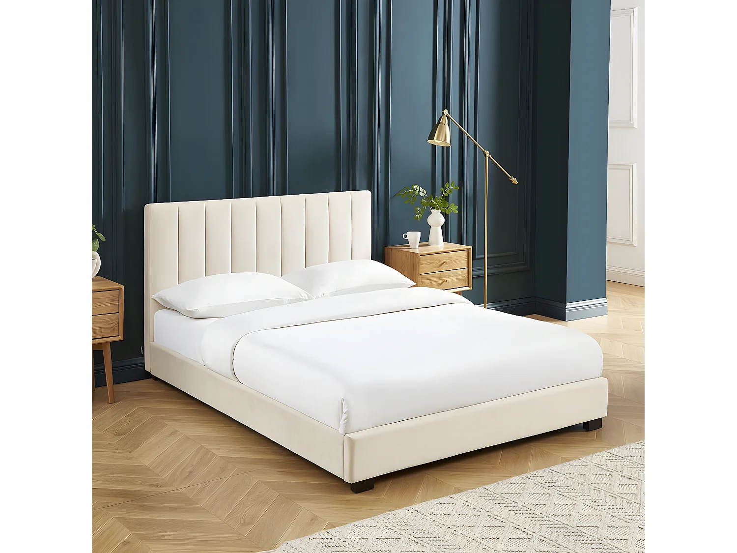 Lit adulte avec tête de lit capitonnée en velours beige sable 140x190 - William