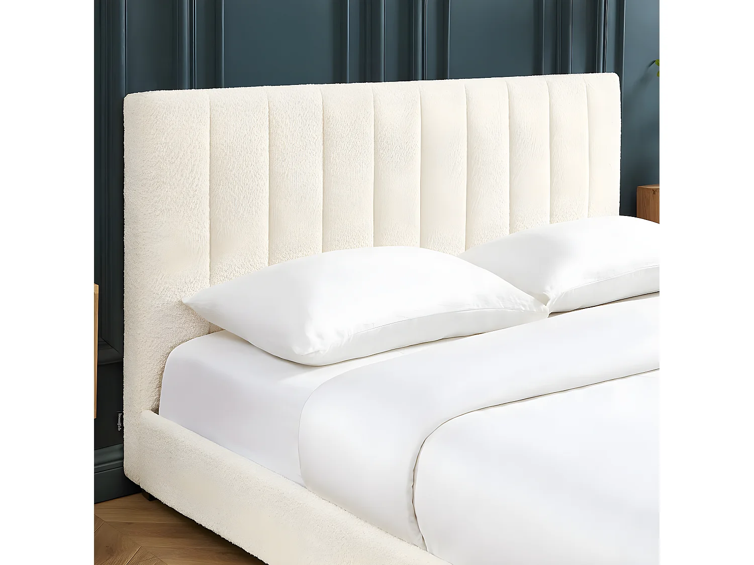 Lit adulte avec tête de lit capitonnée en tissu bouclé écru 160x200 - William