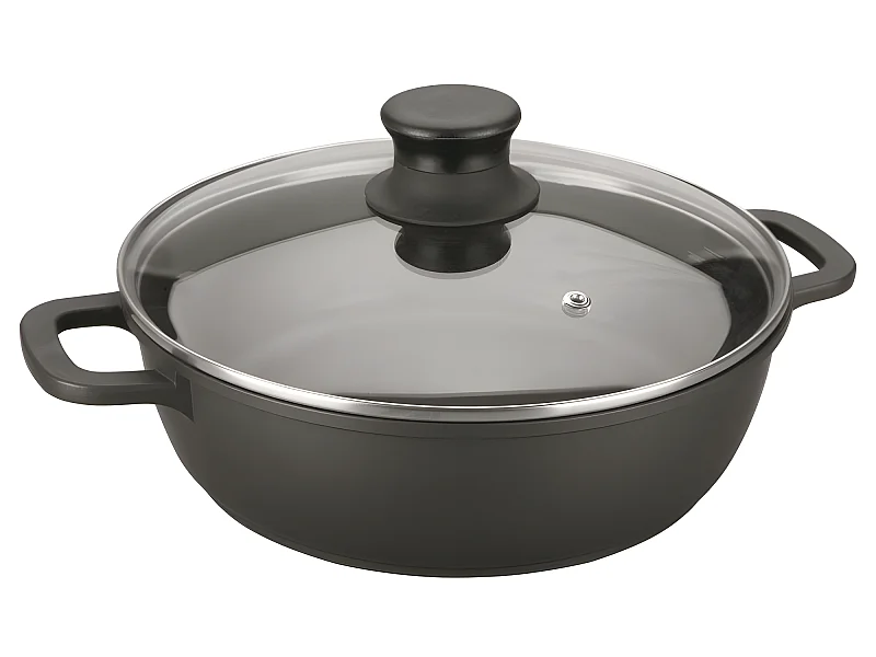 Faitout bas 32 cm en fonte d'aluminium  couvercle en verre