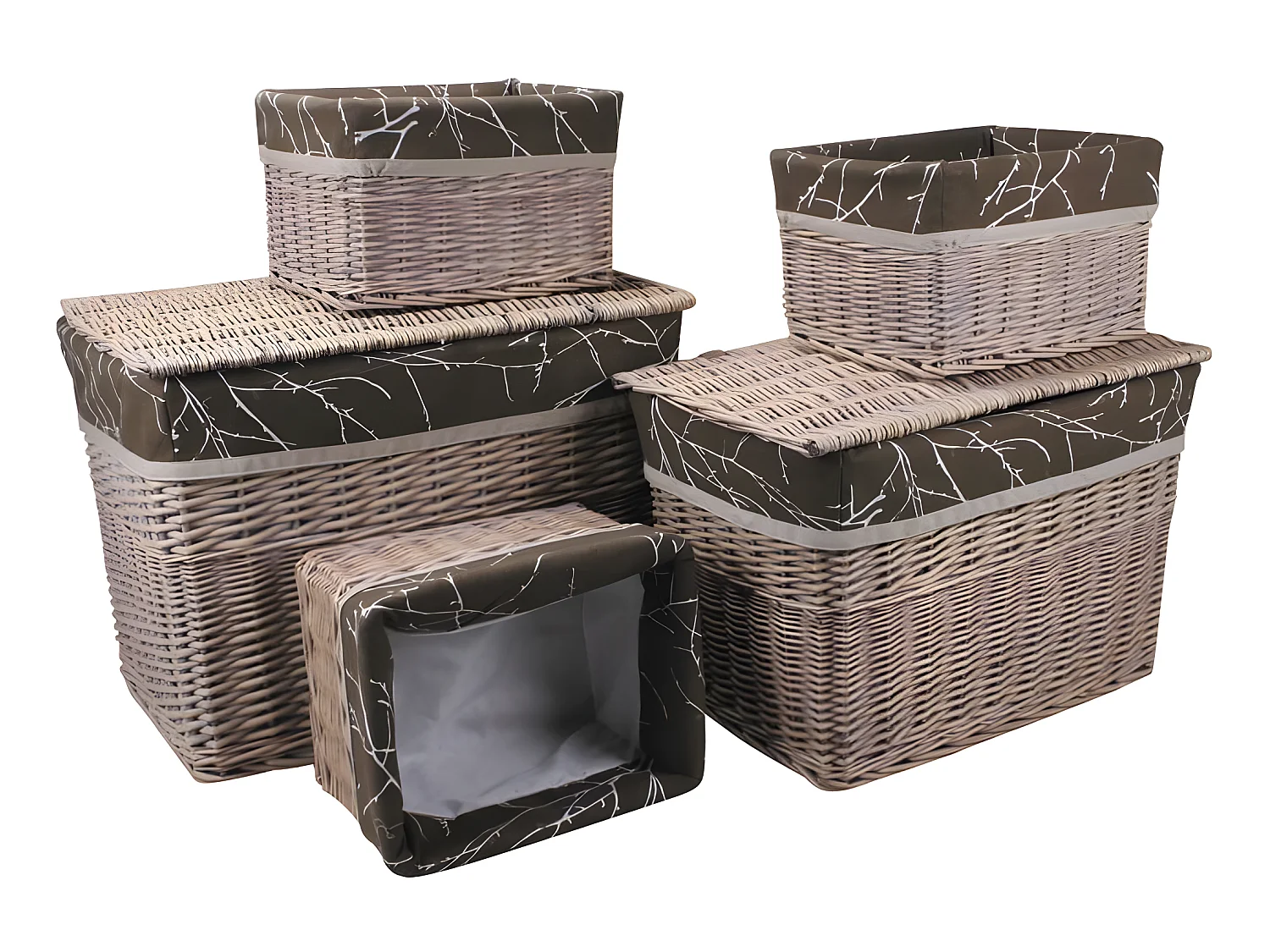 2 malles + 3 corbeilles en osier teinté (Lot de 5)