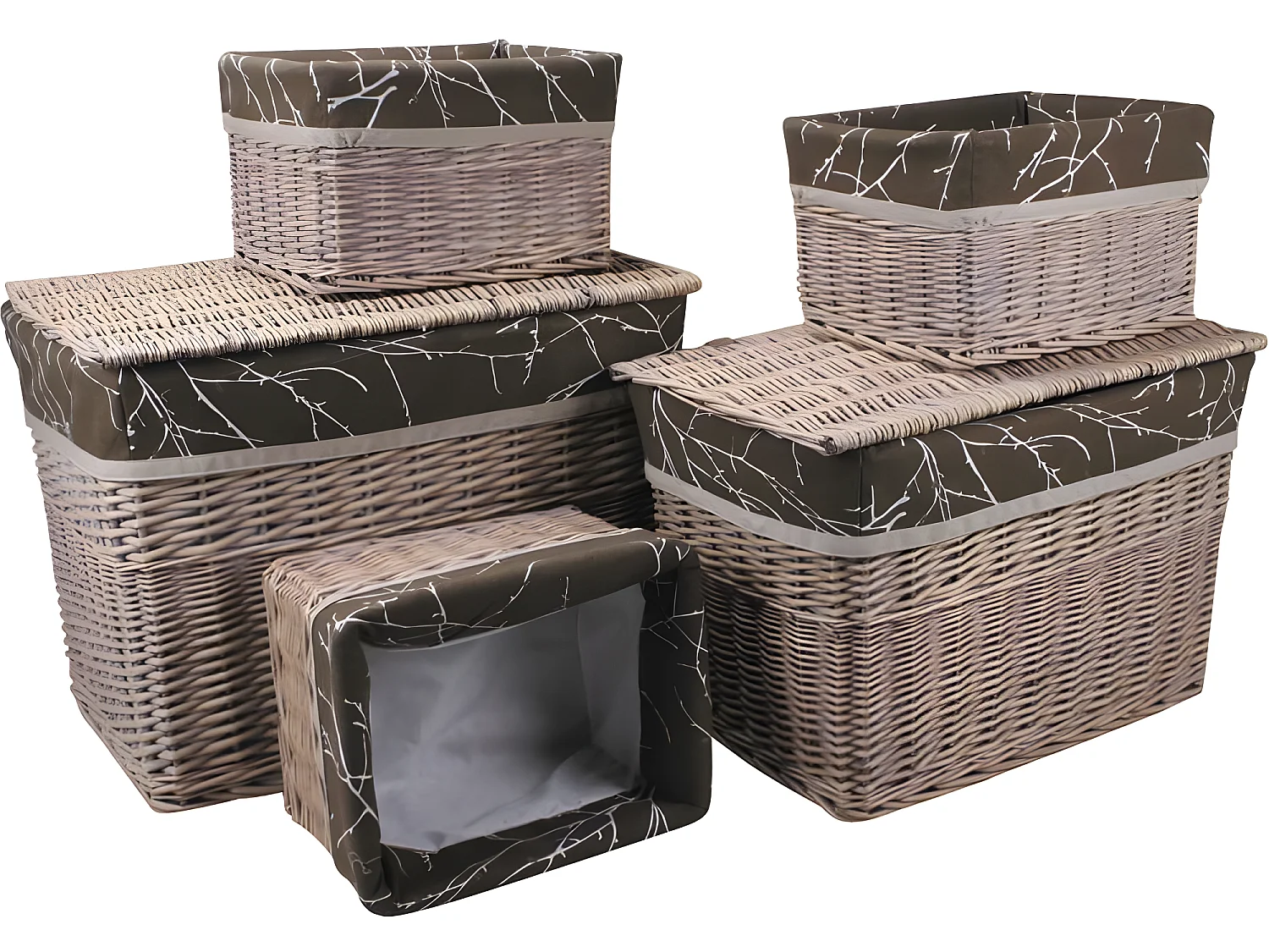 2 malles + 3 corbeilles en osier teinté (Lot de 5)