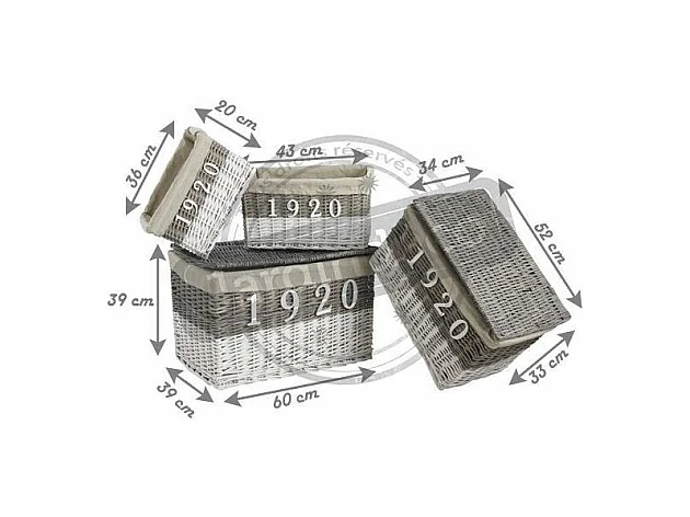 Malles et corbeilles en osier teinté et tissu 1920 (Lot de 4)