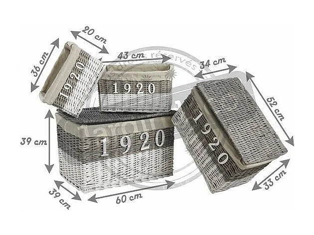 Malles et corbeilles en osier teinté et tissu 1920 (Lot de 4)