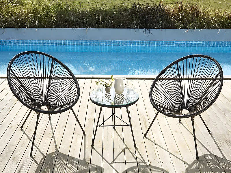 Conjunto de jardim em fios de resina entrançados preto, 2 cadeirões e uma mesa - ALIOS II
