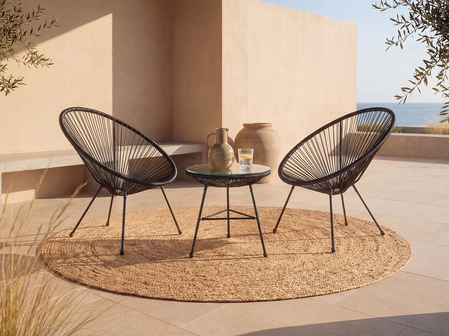 Salon de jardin en fils de résine tressés : 2 fauteuils et une table - Noir - ALIOS III de MYLIA