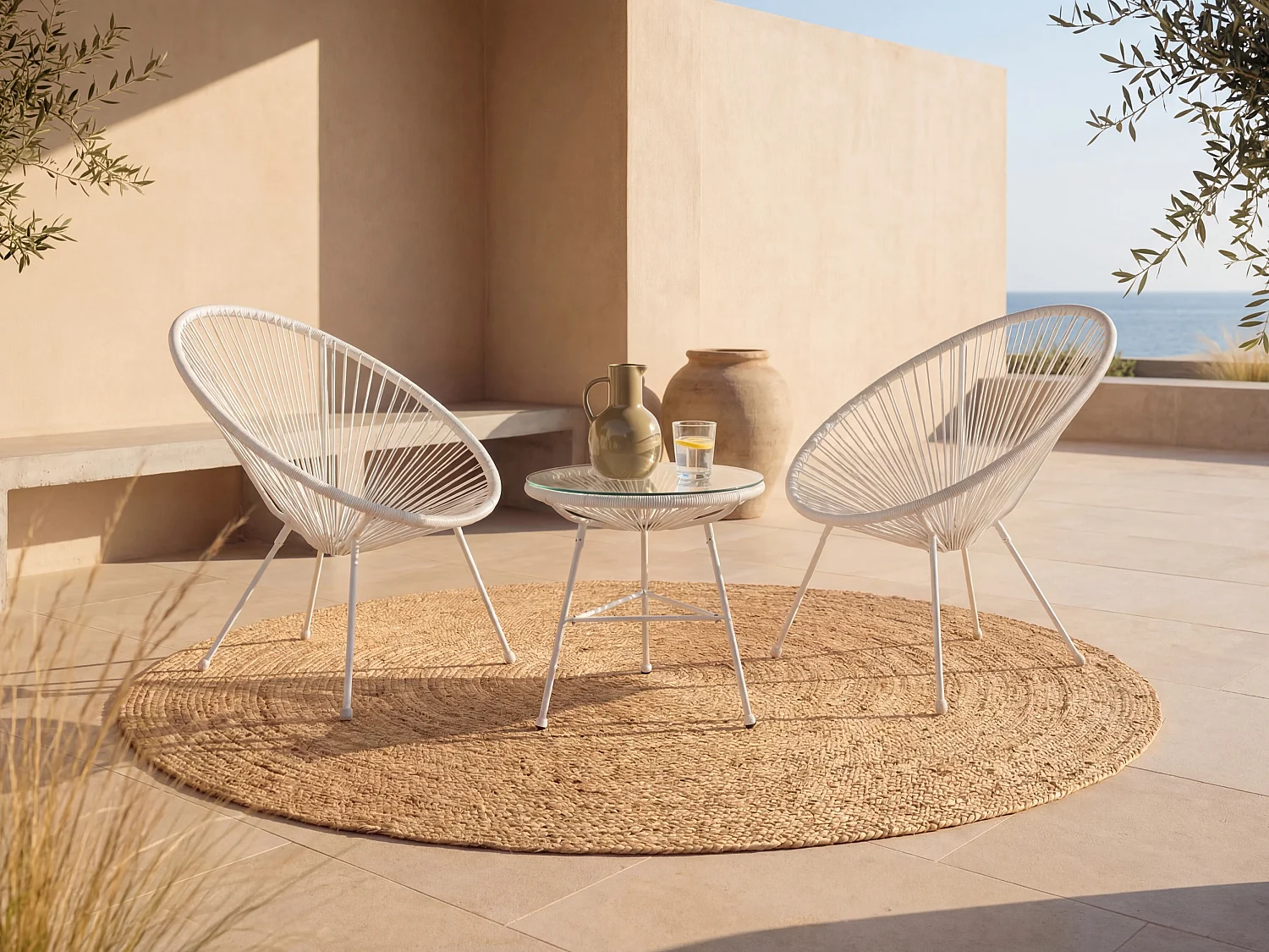 Salon de jardin en fils de résine tressés : 2 fauteuils et une table - Blanc - ALIOS III de MYLIA