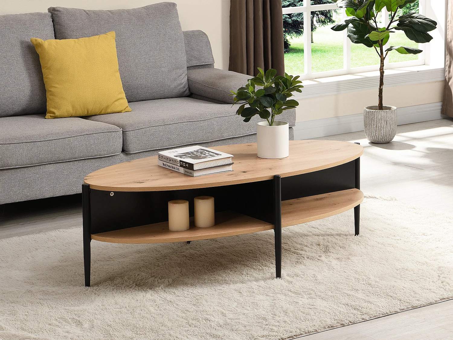 Table basse ovale avec 4 niches en MDF et métal - Naturel clair et noir - EVARO