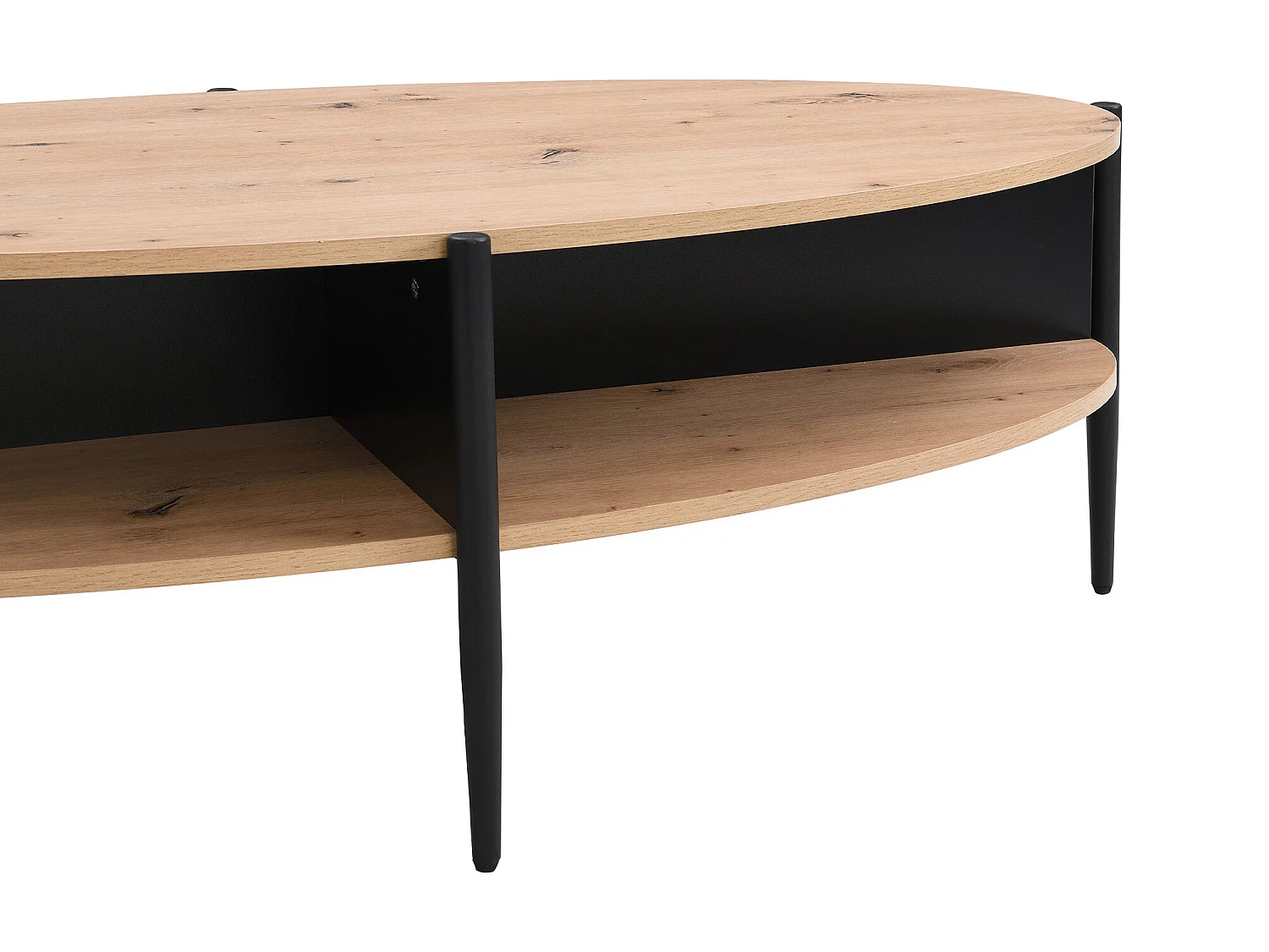 Table basse ovale avec 4 niches en MDF et métal - Naturel clair et noir - EVARO