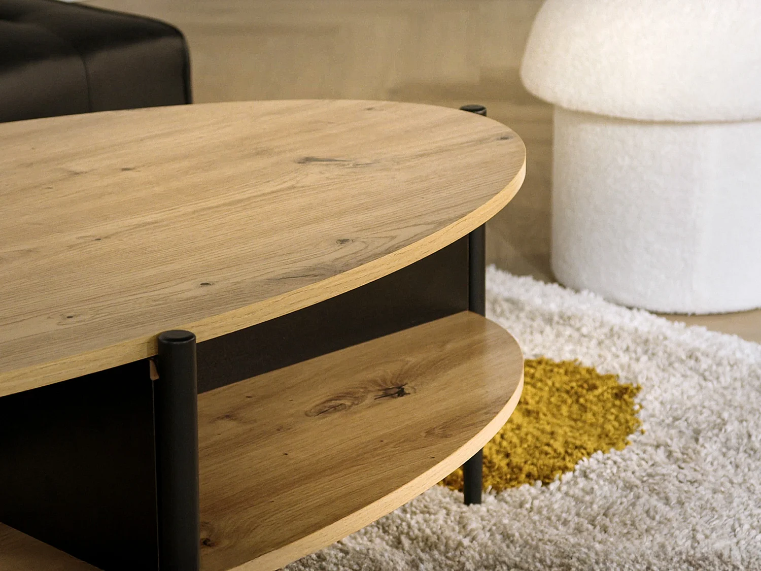 Salontafel met 4 nissen van mdf en metaal - Licht naturel en zwart - EVARO