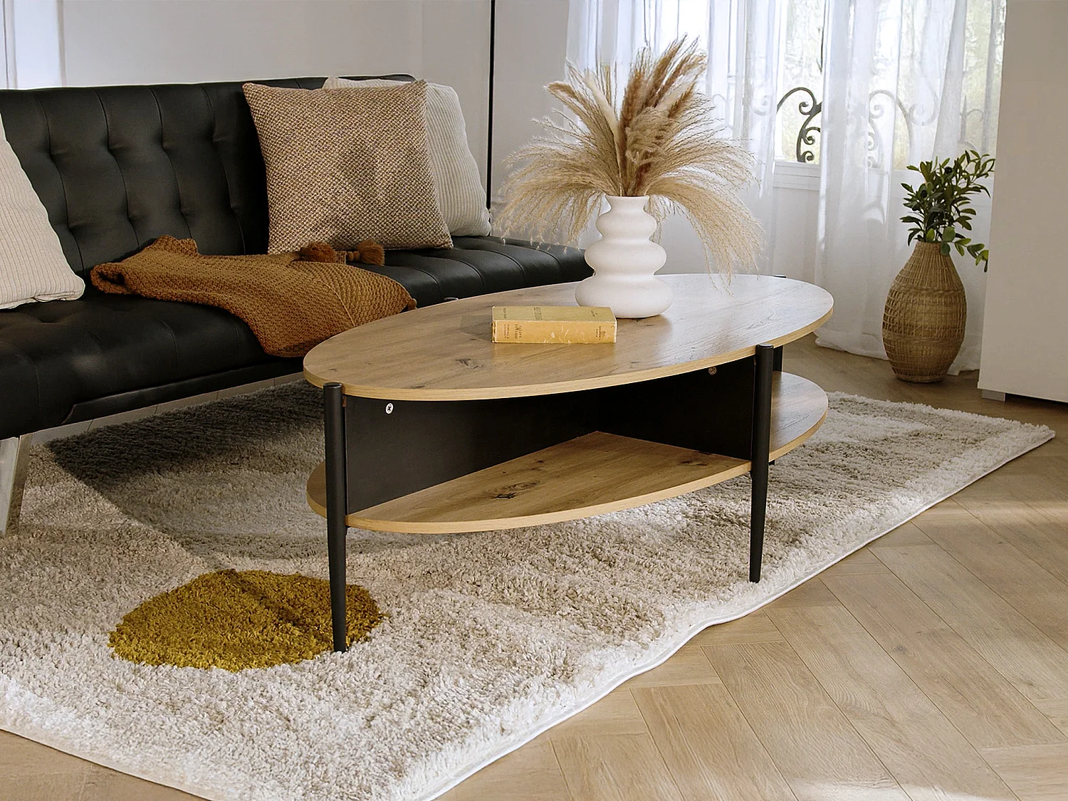 Salontafel met 4 nissen van mdf en metaal - Licht naturel en zwart - EVARO