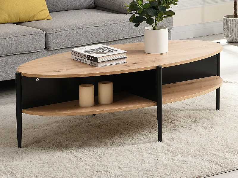 Table basse ovale avec 4 niches en MDF et métal - Naturel clair et noir - EVARO