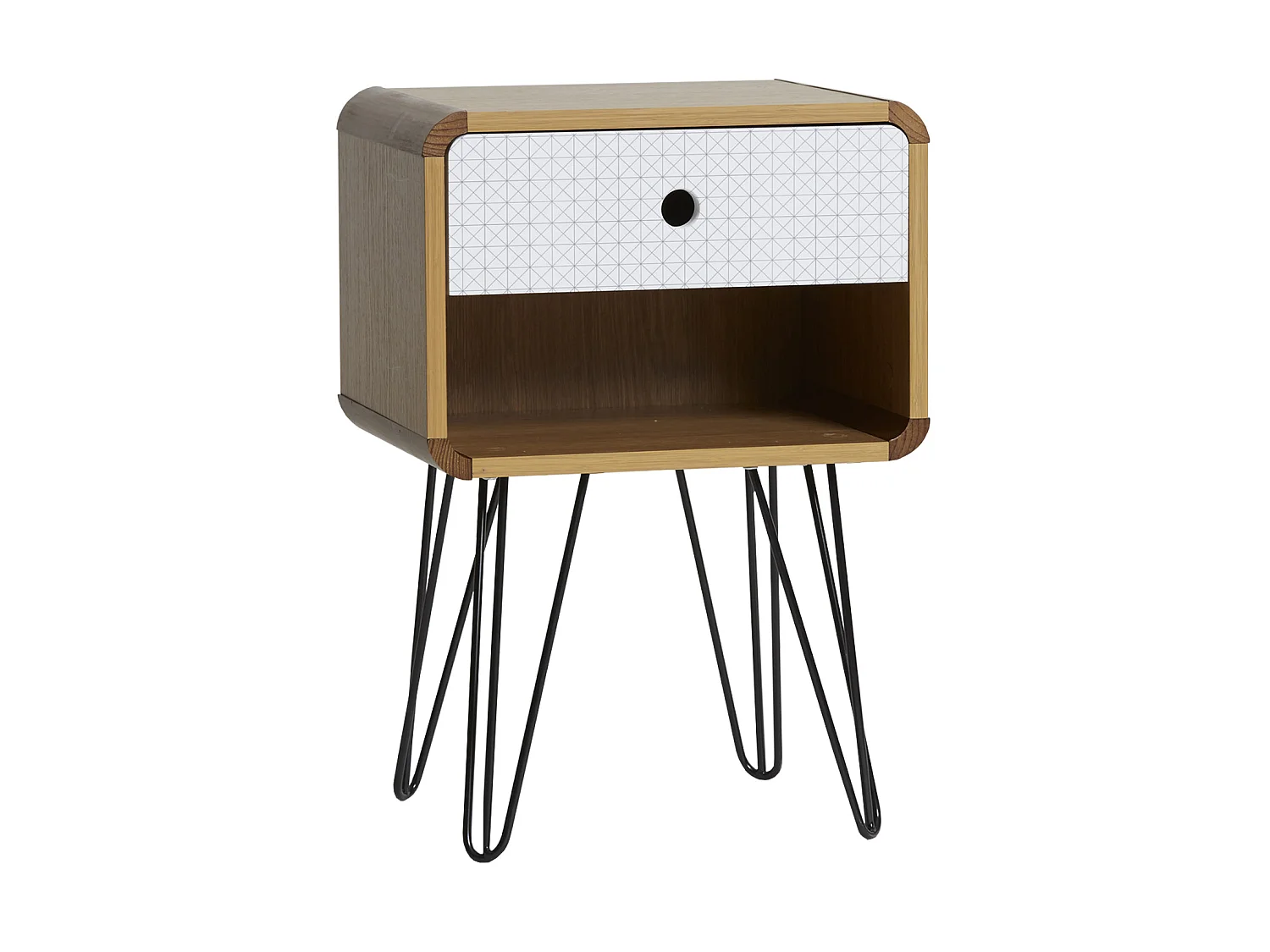 Table Chevet Buda 1 Tiroir, Couleur chêne, Jambes en métal en Noir