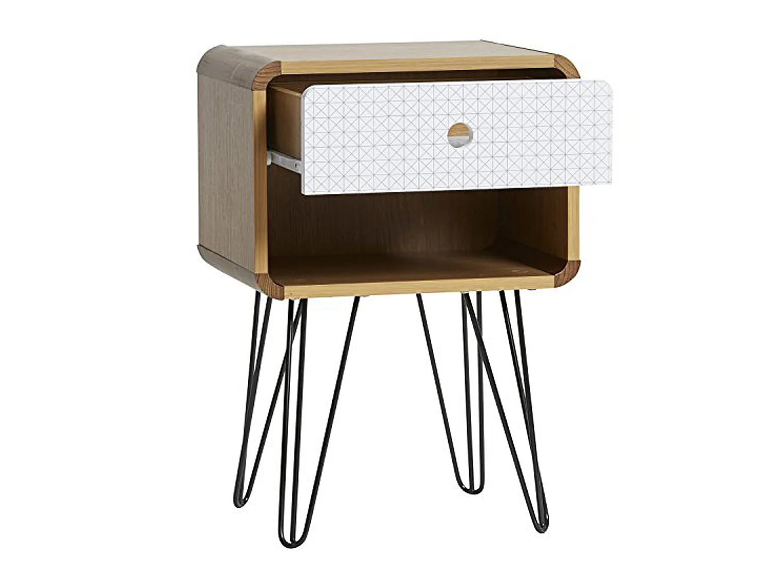 Table Chevet Buda 1 Tiroir, Couleur chêne, Jambes en métal en Noir