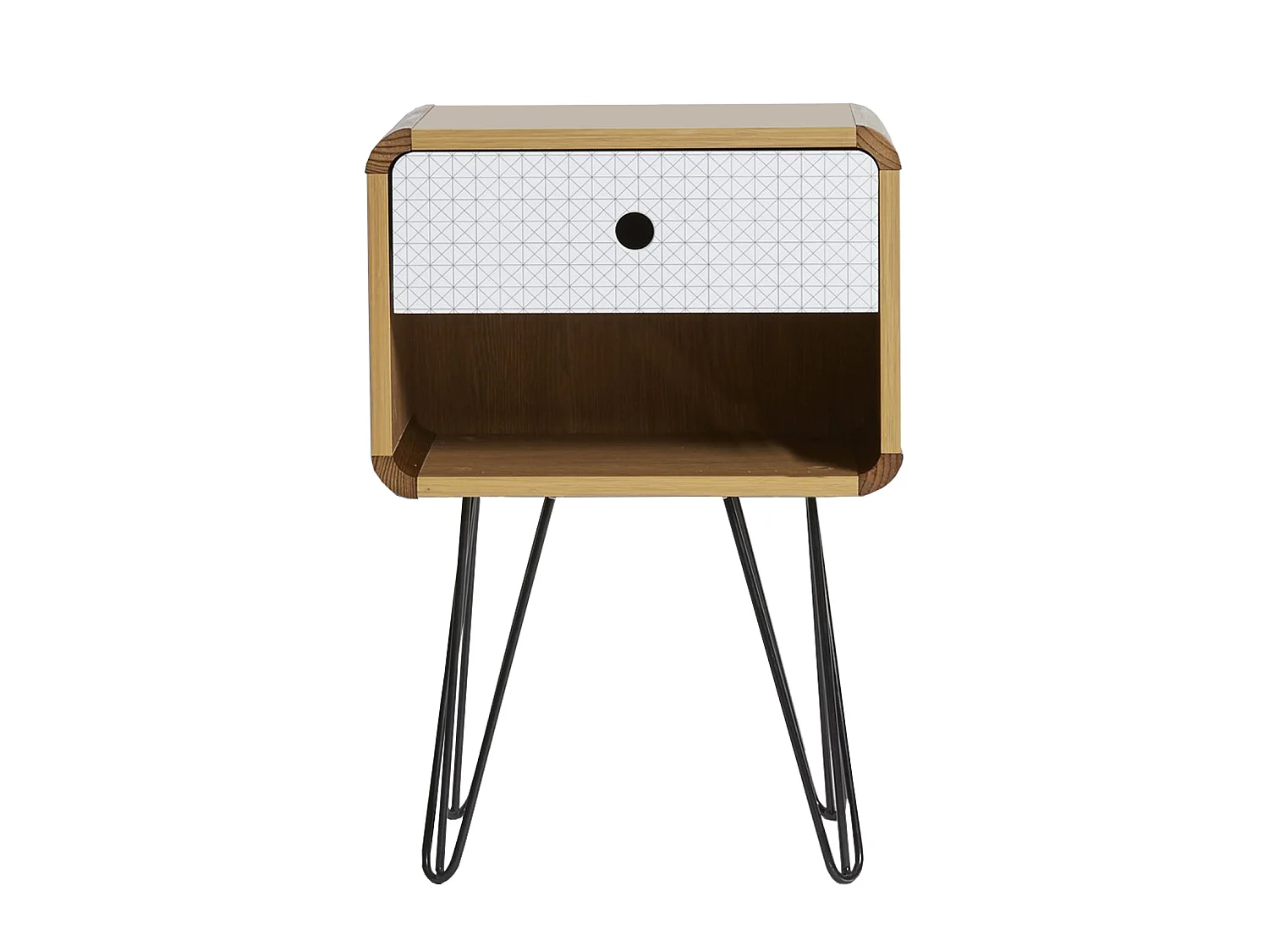 Table Chevet Buda 1 Tiroir, Couleur chêne, Jambes en métal en Noir