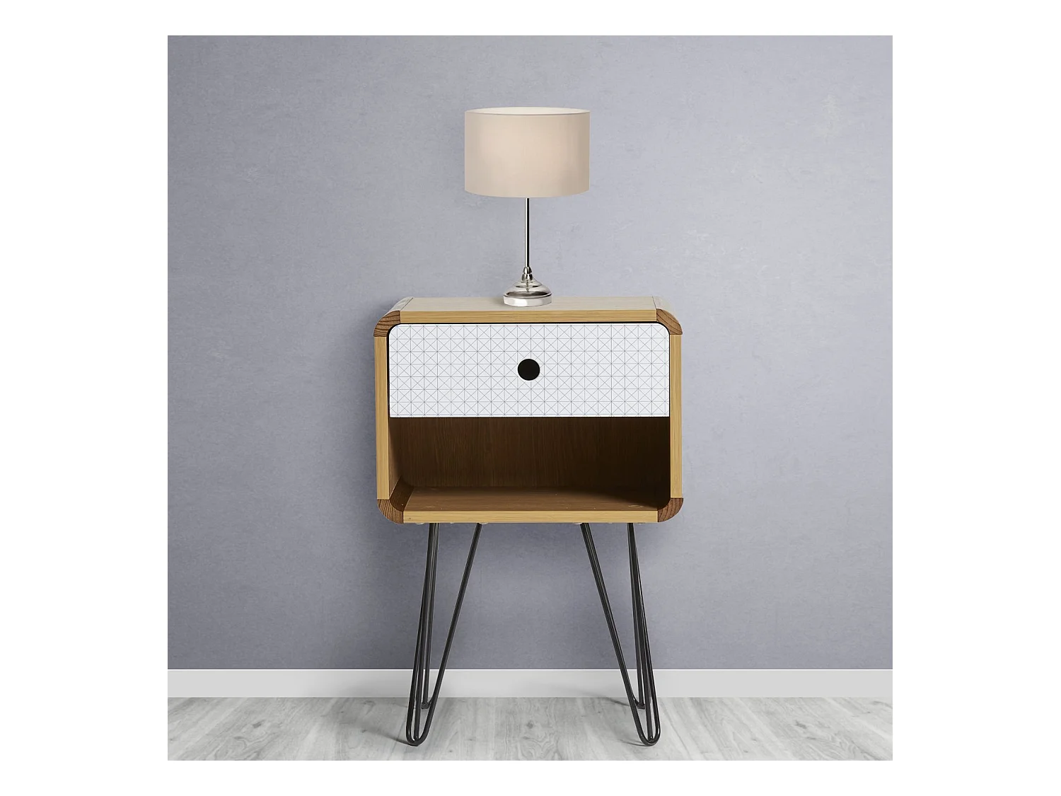 Table Chevet Buda 1 Tiroir, Couleur chêne, Jambes en métal en Noir